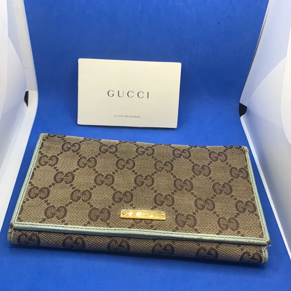 Gucci Guccissima monogram flap wallet brown light blue almost sea foam color. - Picture 1 of 12